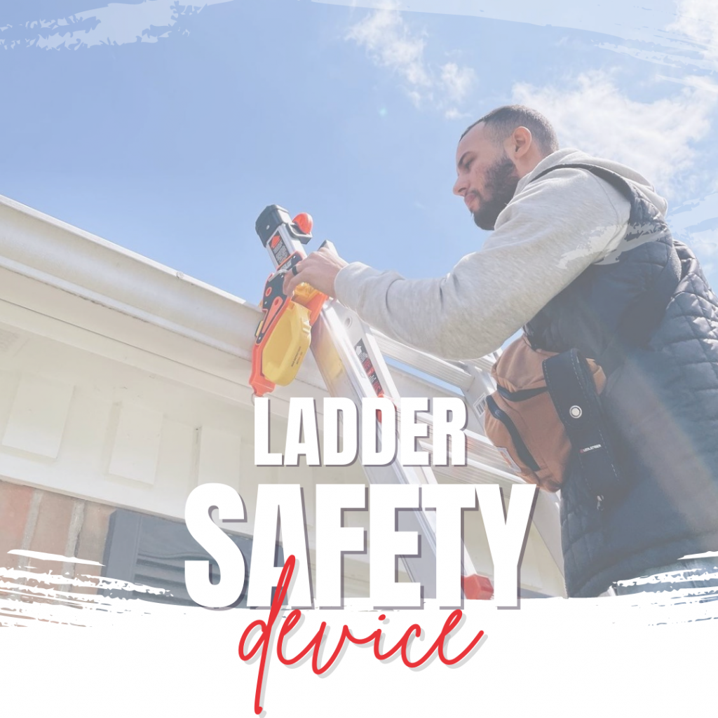 "Worker securing a ladder with Lock Jaw Ladder Grip for enhanced safety, with 'Ladder Safety Device' text overlay