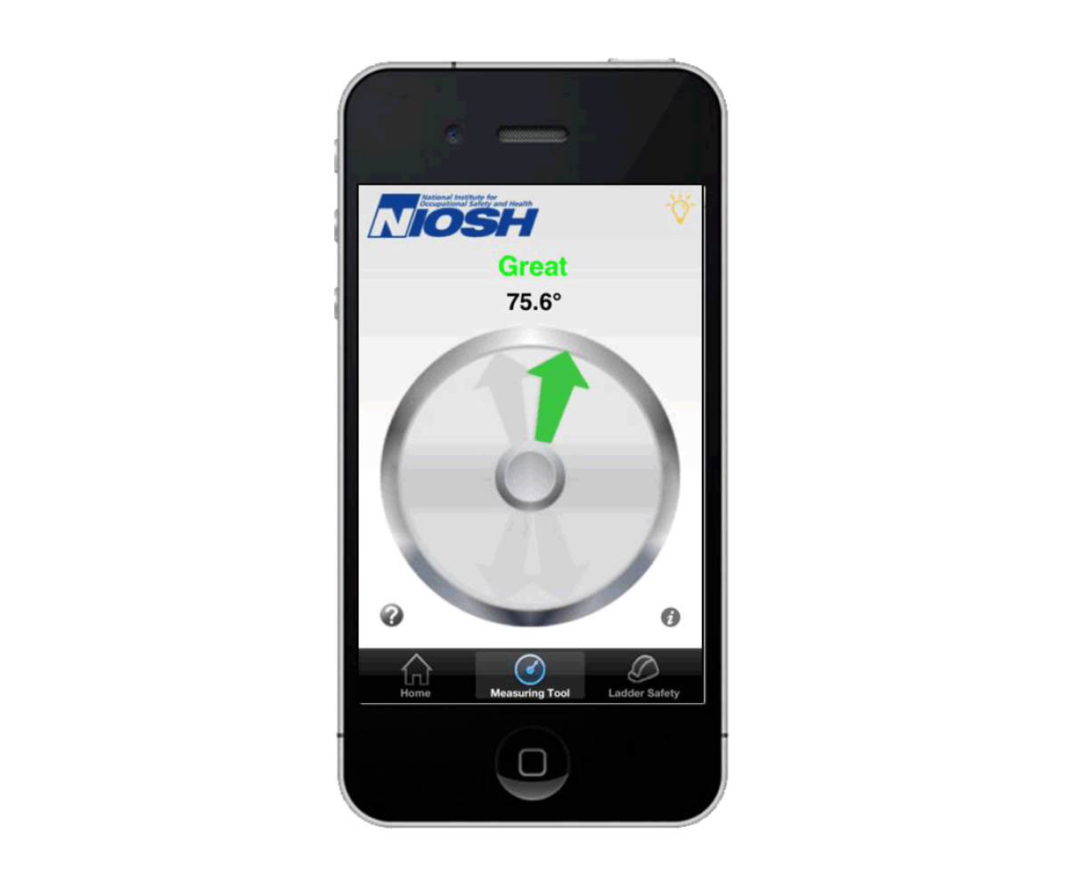 NIOSH Ladder Safety app on a smartphone, showing a "Great" reading of 75.6 degrees for ladder angle.