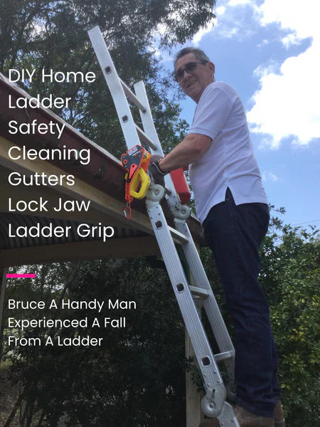 A photo of a person climbing the ladder using lock jaw ladder grip as ladder safety device with a text in the  photo