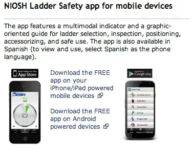 NIOSH Ladder Safety app info, free download on iPhone/Android, safe ladder use guide, Spanish option, safety app.